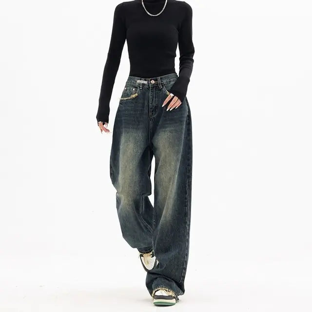 Damenjeans mit weitem Bein und hoher Taille im Harajuku-Vintage-Stil