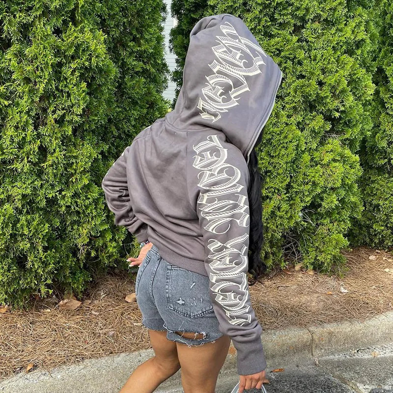 Damen Winter Hoodie mit Buchstaben Aufdruck und Reißverschluss
