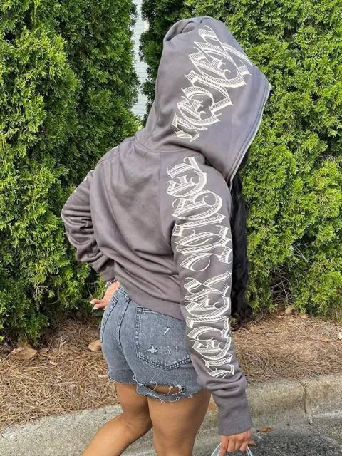 Damen Winter Hoodie mit Buchstaben Aufdruck und Reißverschluss