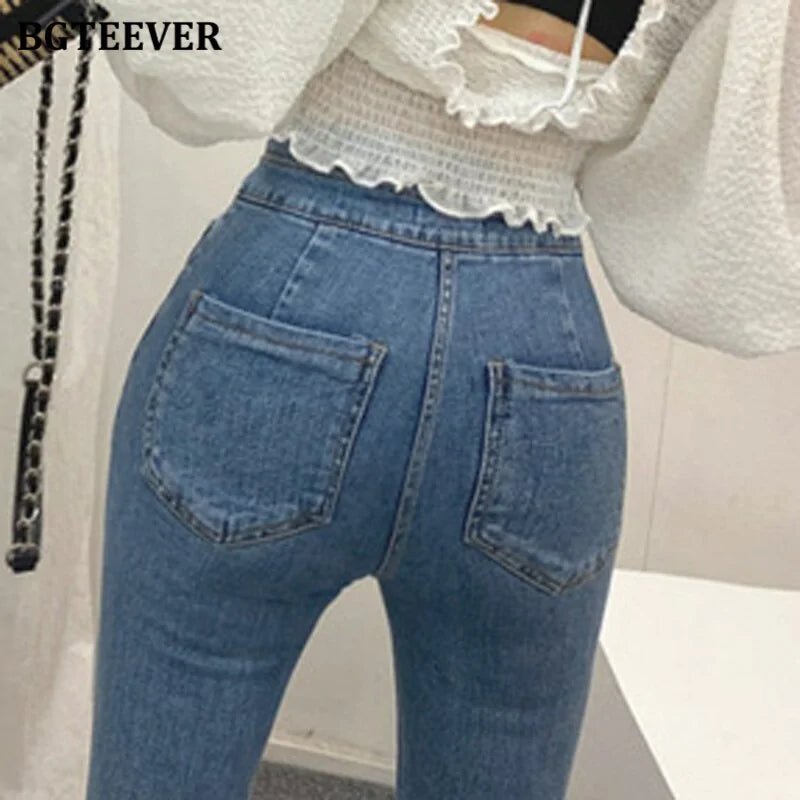 Vaqueros pitillo elásticos de cintura alta vintage para mujer