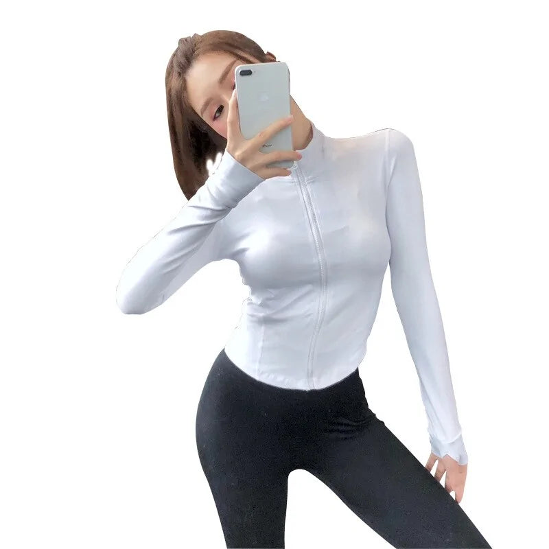 Damen Slim Zipper Sport Gym Running Langarm Crop Tops