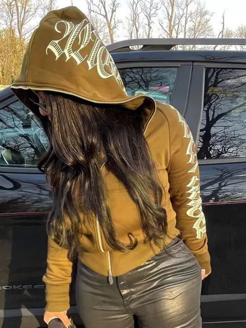 Damen Winter Hoodie mit Buchstaben Aufdruck und Reißverschluss