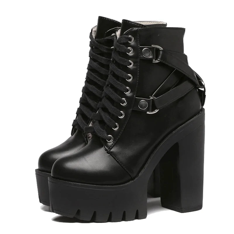 Schwarze Stiefel Frauen Ferse Frühling Herbst Lace-up