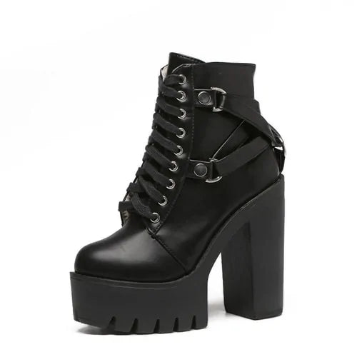 Schwarze Stiefel Frauen Ferse Frühling Herbst Lace-up