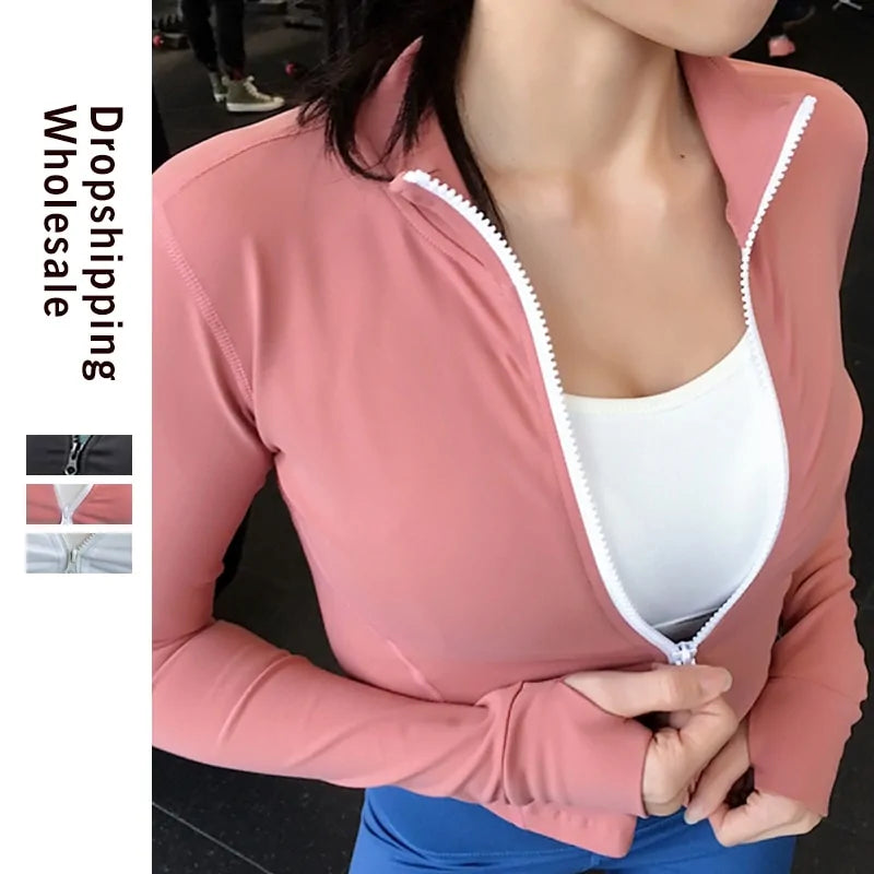 Damen Slim Zipper Sport Gym Running Langarm Crop Tops