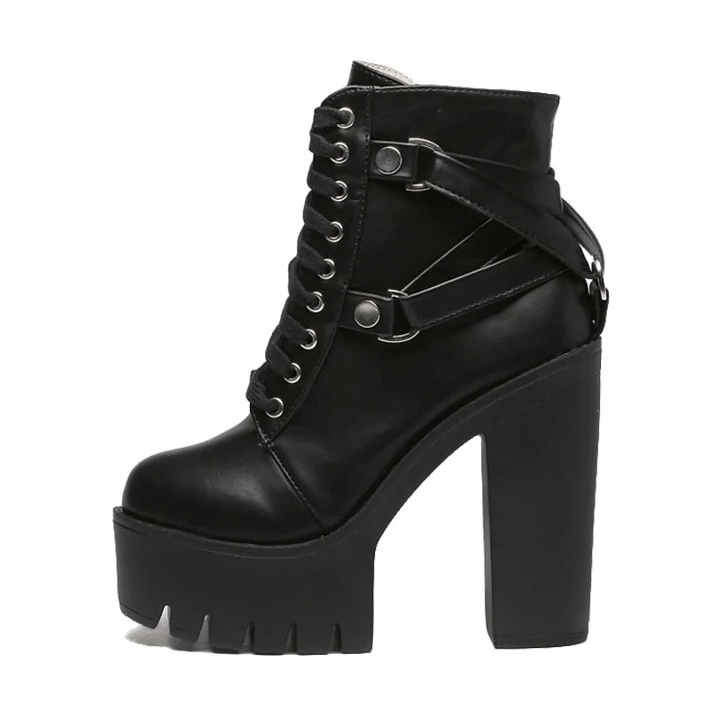 Schwarze Stiefel Frauen Ferse Frühling Herbst Lace-up