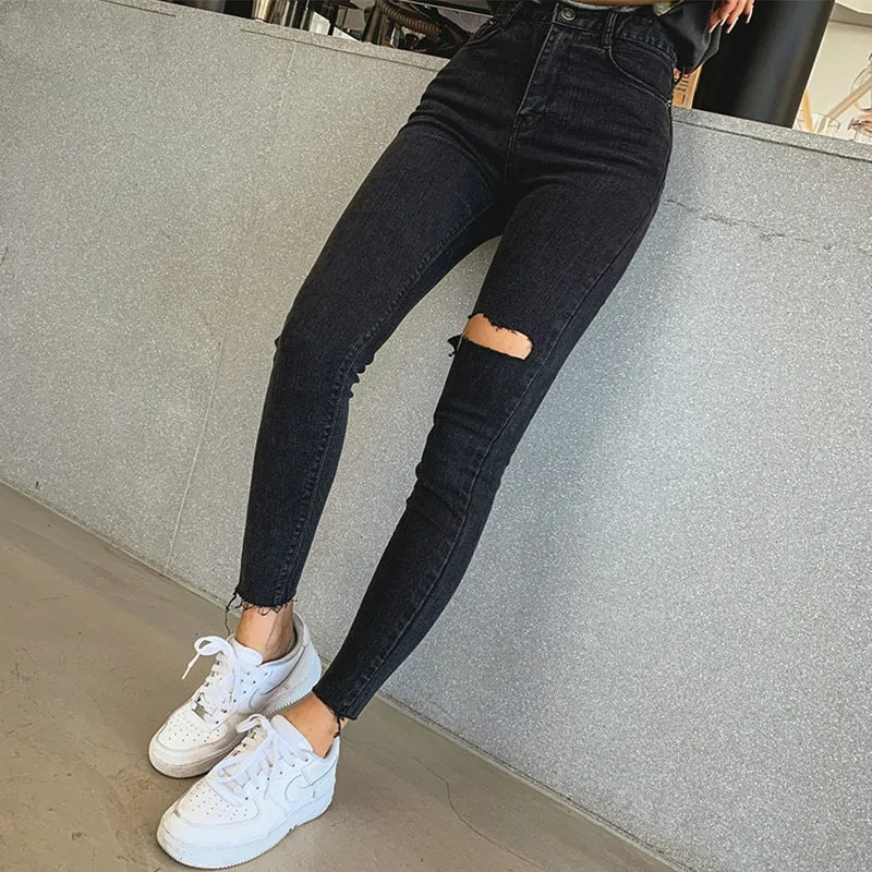 High Waist Quaste Zerrissene Denim Skinny Hose - Schwarze Damen Jeans