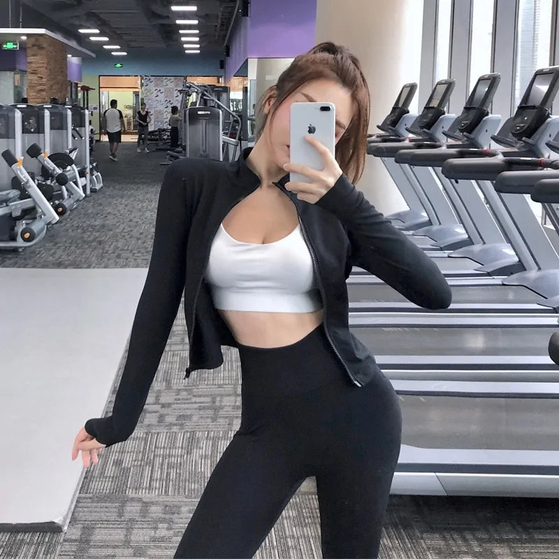 Damen Slim Zipper Sport Gym Running Langarm Crop Tops