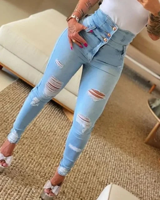 Women's High Waist Buttoned Cutout Ripped Skinny Jeans