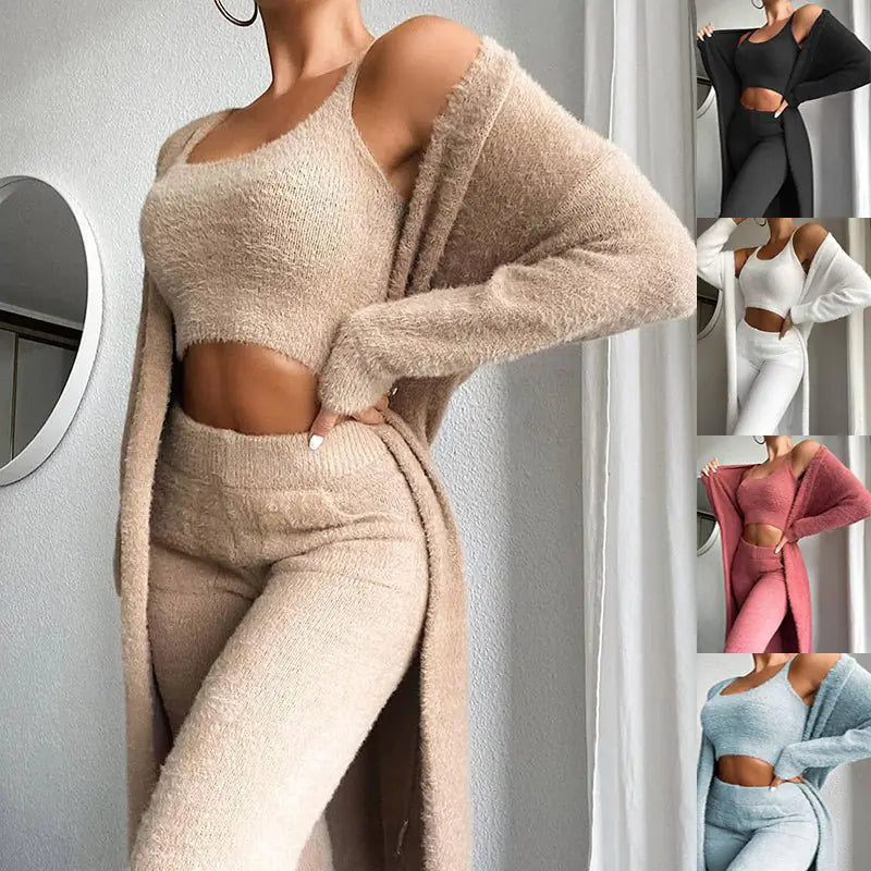 3-teiliges Set für Damenbekleidung, modisch, einfarbig, flauschig, einfarbig, bauchfreies Top, enge Hosen und langer Mantel, warme, gemütliche Anzug-Sets