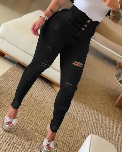 Women's High Waist Buttoned Cutout Ripped Skinny Jeans
