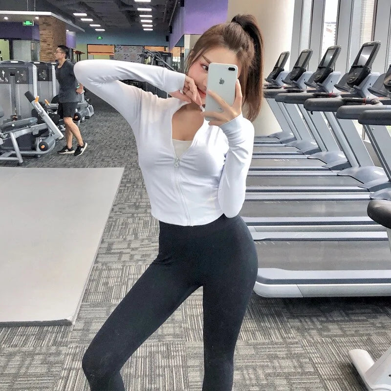 Damen Slim Zipper Sport Gym Running Langarm Crop Tops