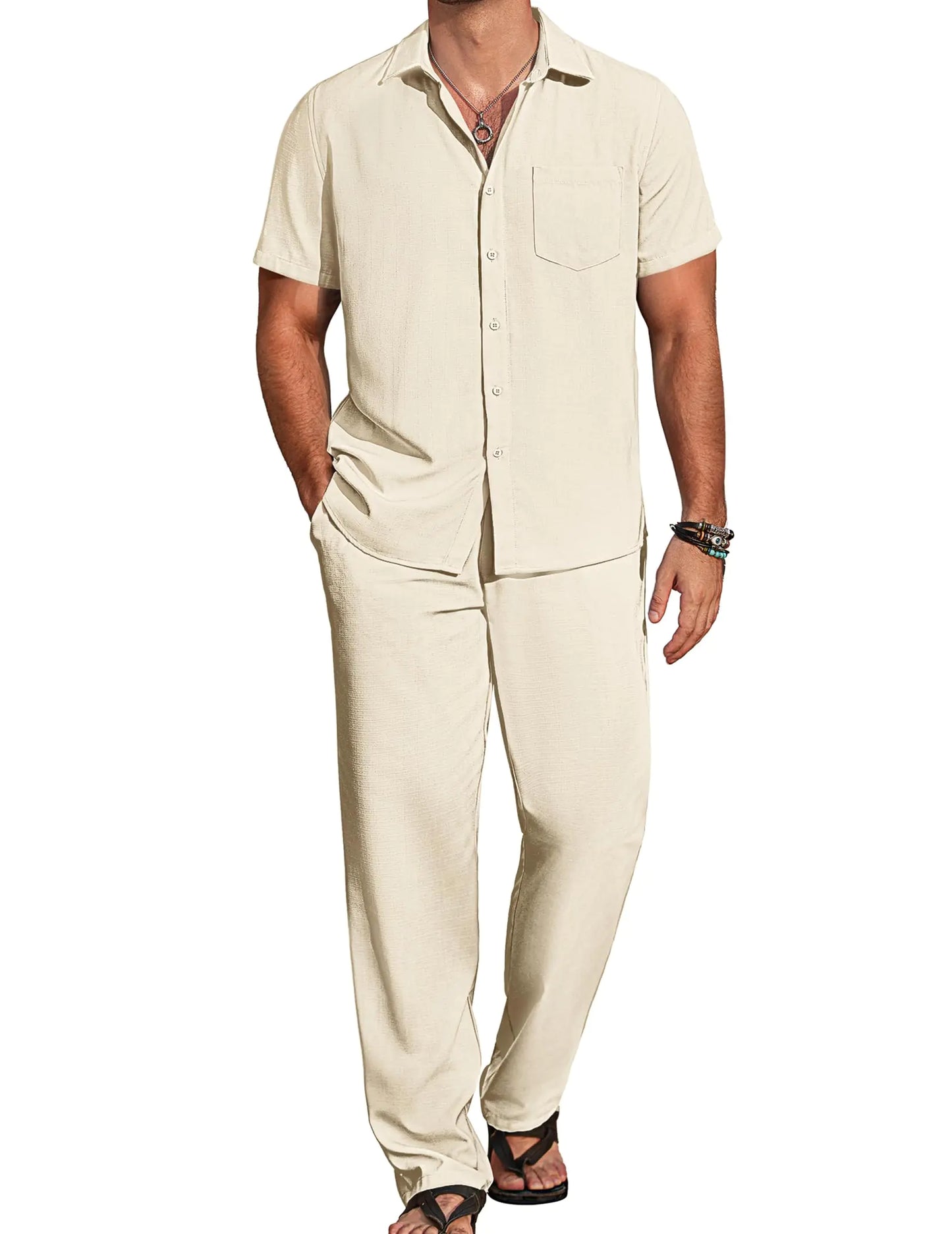 COOFANDY Men Beach Outfits Summer Linen Outfits Sets Loose Long Pants Vacation Outfits Sets 2 Piece Walking Suits
