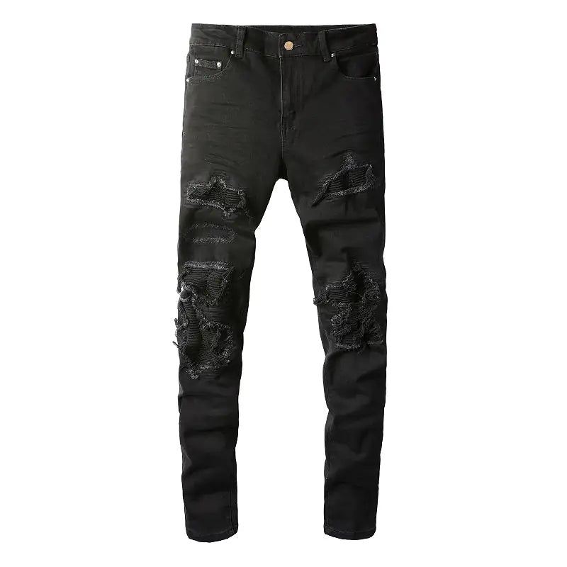 Vaqueros de hombre ajustados con patchwork desgastado negro