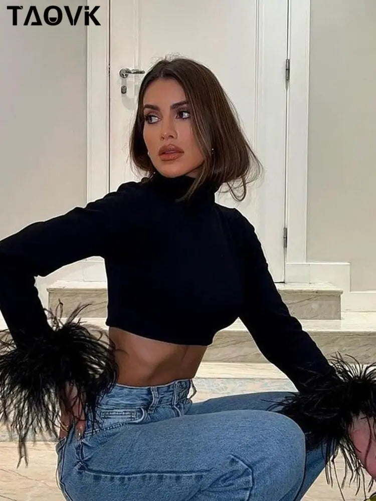 Camisas Básicas de Cuello Alto Negras para Mujer