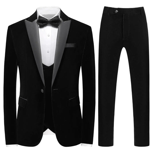 Mens Velvet 3 Piece Suits Slim Fit Peaked Lapel One Button Tuxedo Dinner Jacket Vest Pants Suit Set Black