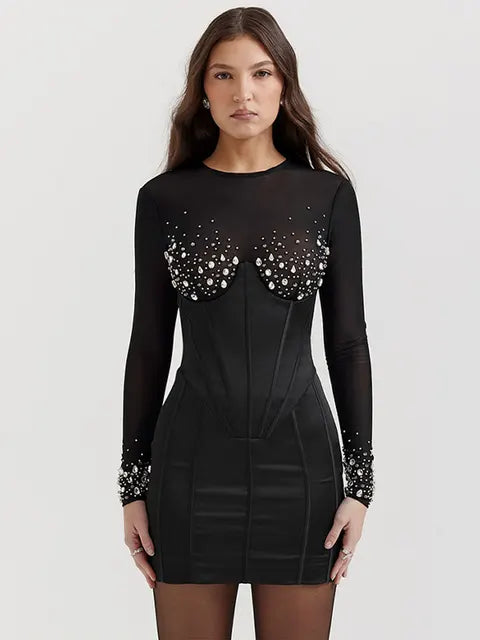 Mini vestido de patchwork con pedrería para mujer