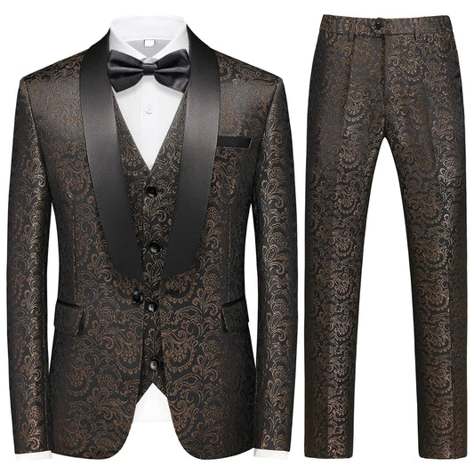 KUDORO Mens Suits Slim Fit 3 Piece Brown Tuxedo Suit for Men Shawl Collar Dinner Party Prom Dress Tux Jacket Vest Pants Set