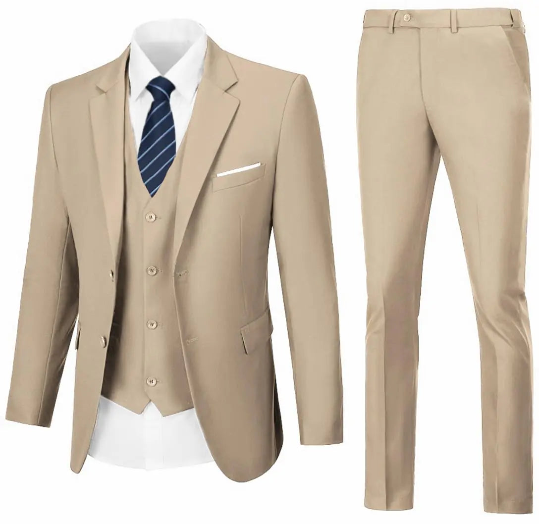 Mens 3 Piece Suit SetSlim Fit Suits for MenSolid JacketVestPants Tuxedo Champagne 3XL