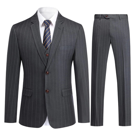 Mens 3 Piece Stripe Suits Set Checked 2 Button Tux Blazer Jacket Vest Trousers