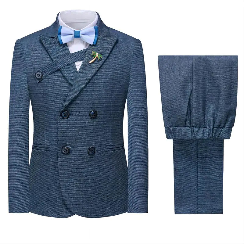 Boys Suits Plaid Double Breasted Kids Tuxedo Blazer Jacket Pants Vest Wedding Dark Blue