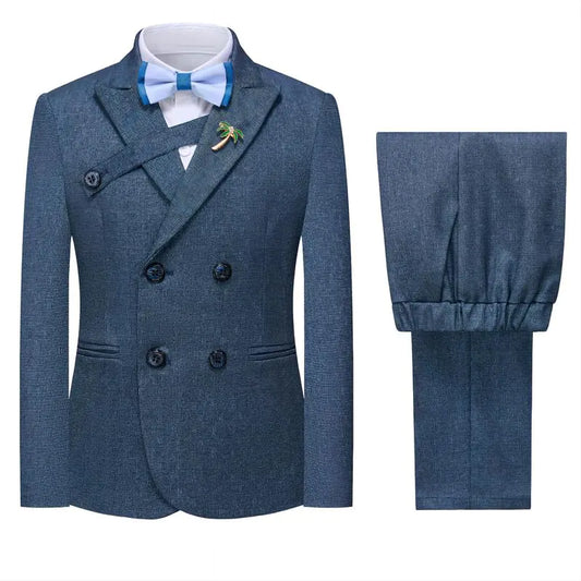 Boys Suits Plaid Double Breasted Kids Tuxedo Blazer Jacket Pants Vest Wedding Dark Blue