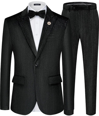 MAGE MALE Mens Suits Velvet Tuxedo Suit Set Slim Fit 2 Piece Luxurious Party Dinner Jacket Pants with Bow Tie Black