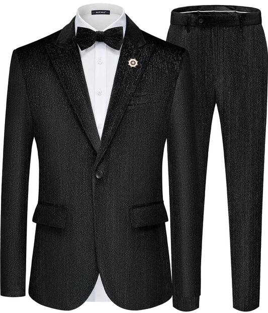 MAGE MALE Mens Suits Velvet Tuxedo Suit Set Slim Fit 2 Piece Luxurious Party Dinner Jacket Pants with Bow Tie Black