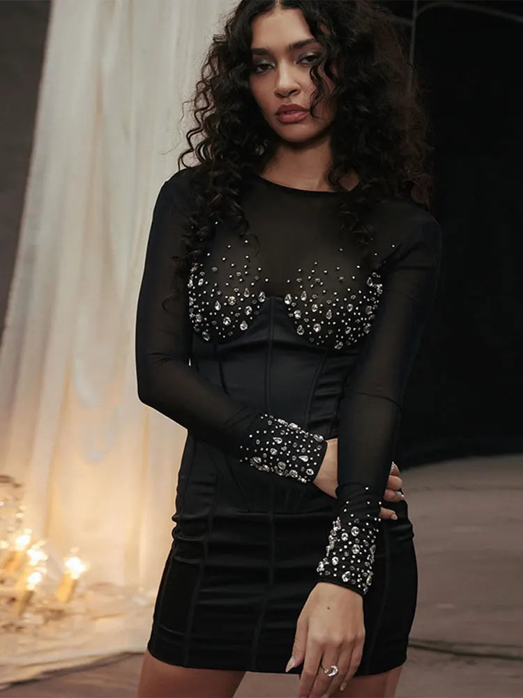 Mini vestido de patchwork con pedrería para mujer