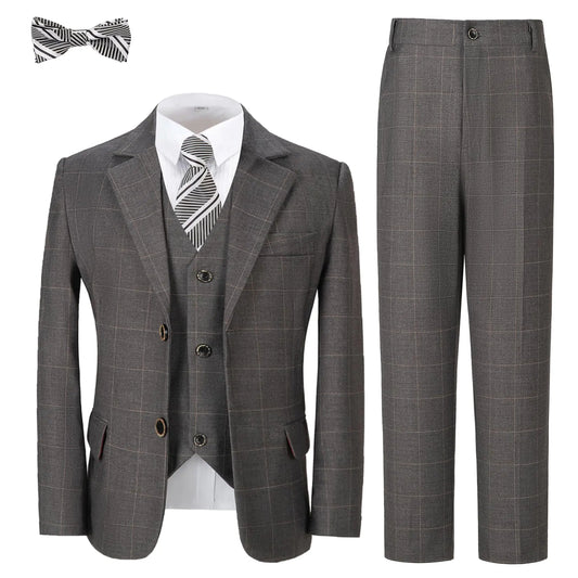 Boy Suits 5 Piece Grey Formal Plaid Kids Tuxedo Suit for Boys Wedding Outfit Slim Fit Prom Performances Dresswear Set Size 12